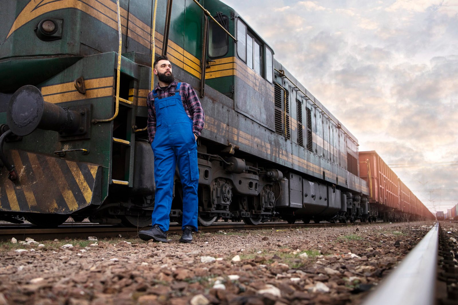 Train driver standing by locomotive at railroad station.